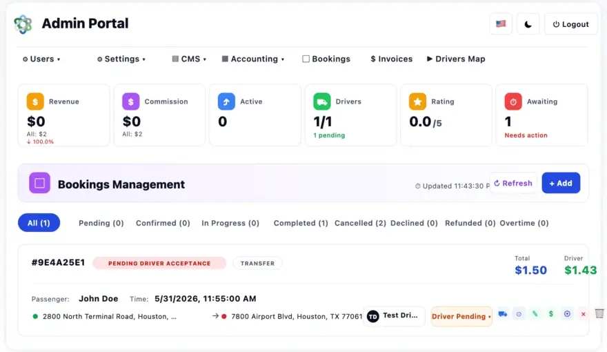 The Exaltis admin portal with revenue, commission, active jobs, driver and rating tiles above a bookings management table.