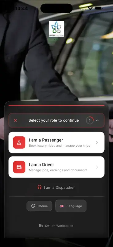 The mobile application's role selection screen with passenger, driver and dispatcher options.