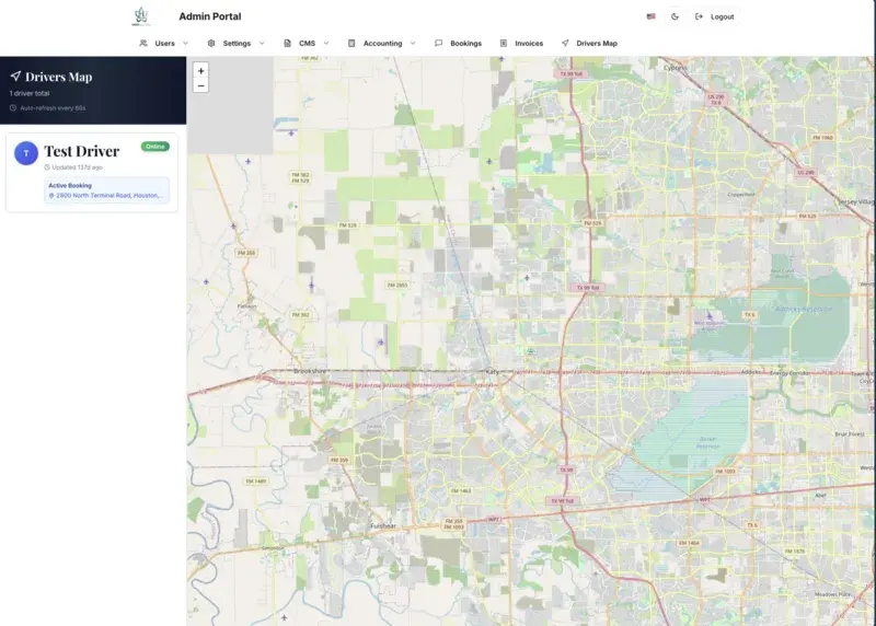 A live drivers map in the admin portal showing an online driver with an active booking.