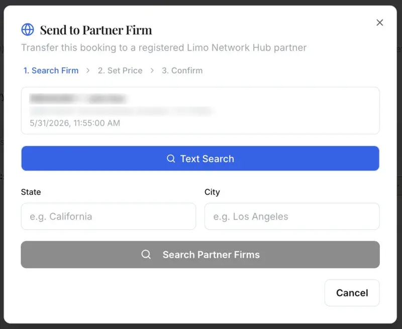 The Send to Partner Firm dialog transferring a booking to a registered Limo Network Hub partner, with a three-step flow: search firm, set price, confirm.
