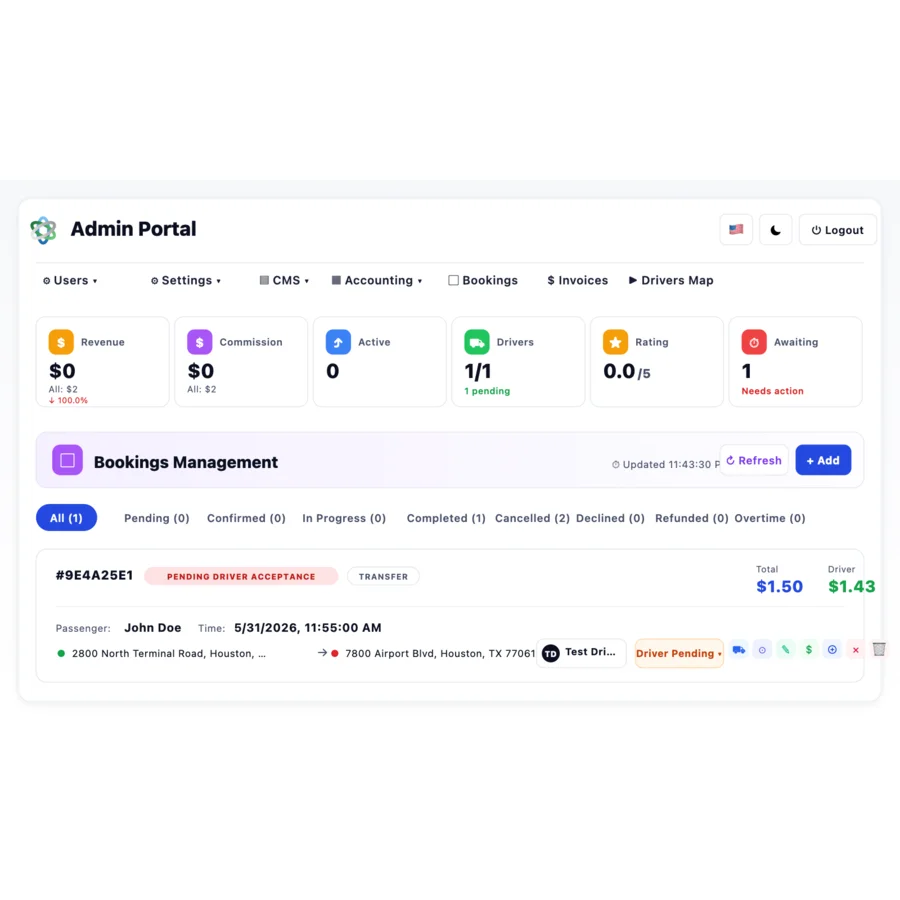 Exaltis admin portal — Bookings Management with revenue, drivers, rating, and pending bookings